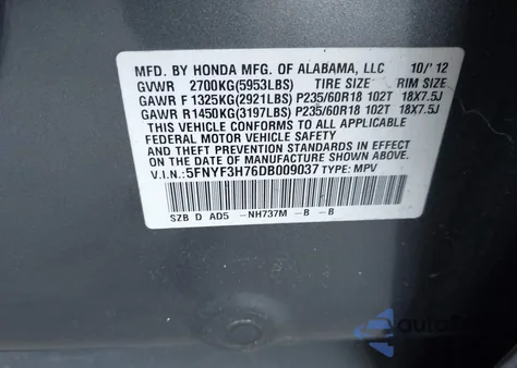 2013 Honda Pilot Ex-L z USA, uszkodzony, nr VIN 5FNYF3H76DB009037